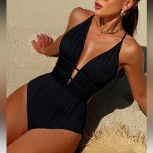 Elegant Deep V Neck Backless Black One Piece Swimsuit